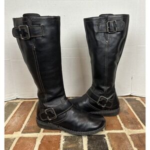 Born Black Leather Zip Up Riding Boots Flat Mid Calf (15") Buckles Women's 8
